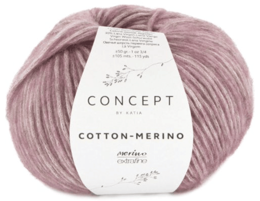 A super soft Katia Cotton-Merino yarn ball by Katia, made of a chainette cotton tube and merino wool, wrapped in a white band featuring delicate branch illustrations and product details.