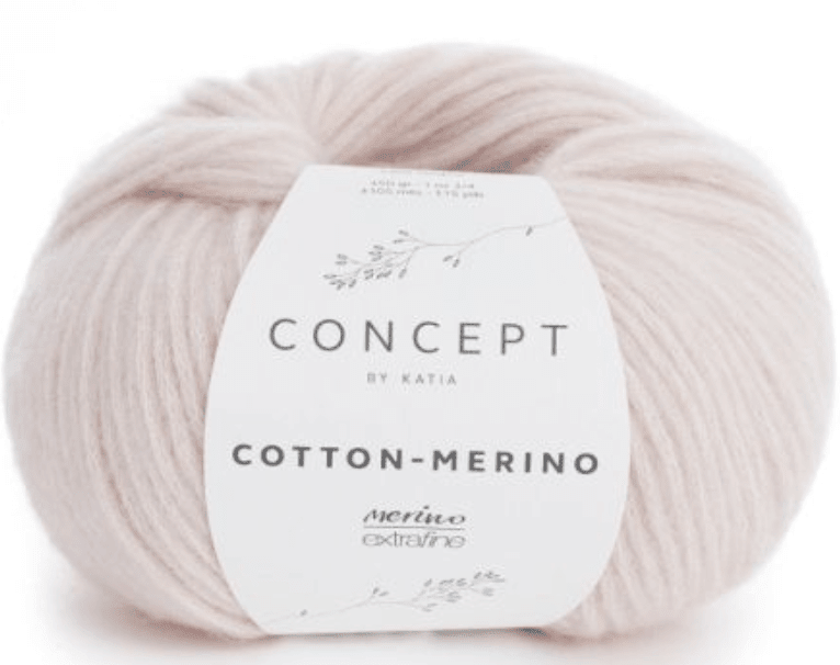 Katia Cotton-Merino by Katia is a soft, pale pink yarn ball featuring a super soft Merino blend spun into a lightweight chainette cotton tube, wrapped in white with delicate floral details.