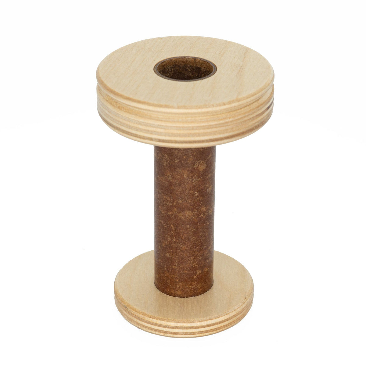 The Louët Standard Bobbin by Louet Inc. features a cylindrical, dark brown core and flat, round ends crafted from lighter wood, standing upright against a plain white backdrop.