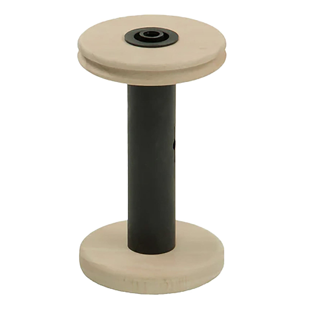 The Louët Standard Bobbin by Louet Inc. is a wooden spool with a cylindrical black core, round flat ends, and a central hollow section. The top and bottom are light-colored wood.