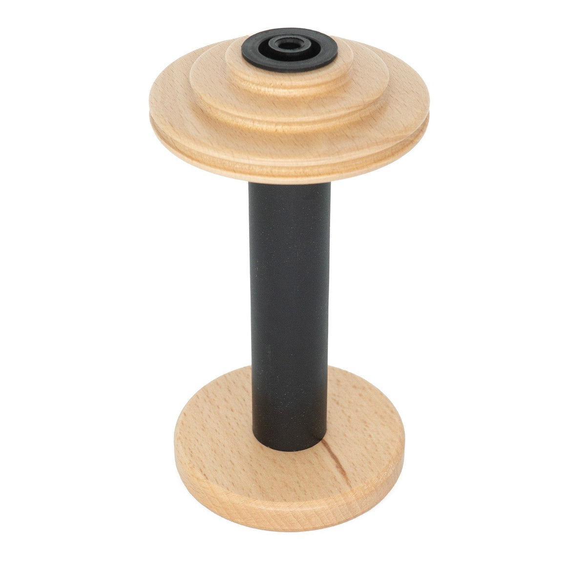 The Louët Standard Bobbin by Louet Inc. features a black cylindrical center with round wooden bases, ideal for holding thread or yarn. Its wider top and bottom enhance stability for storage or weaving tasks.