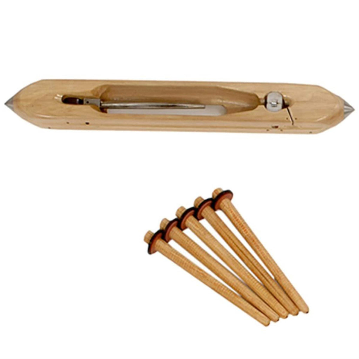 Image of a Louët Fly Shuttle, 40 cm (15.7"), designed to hold weft yarn for weaving. Accompanied by five wooden pirns with conical shapes and circular tops, this set is compatible with the Louët Fly Shuttle Beater system.