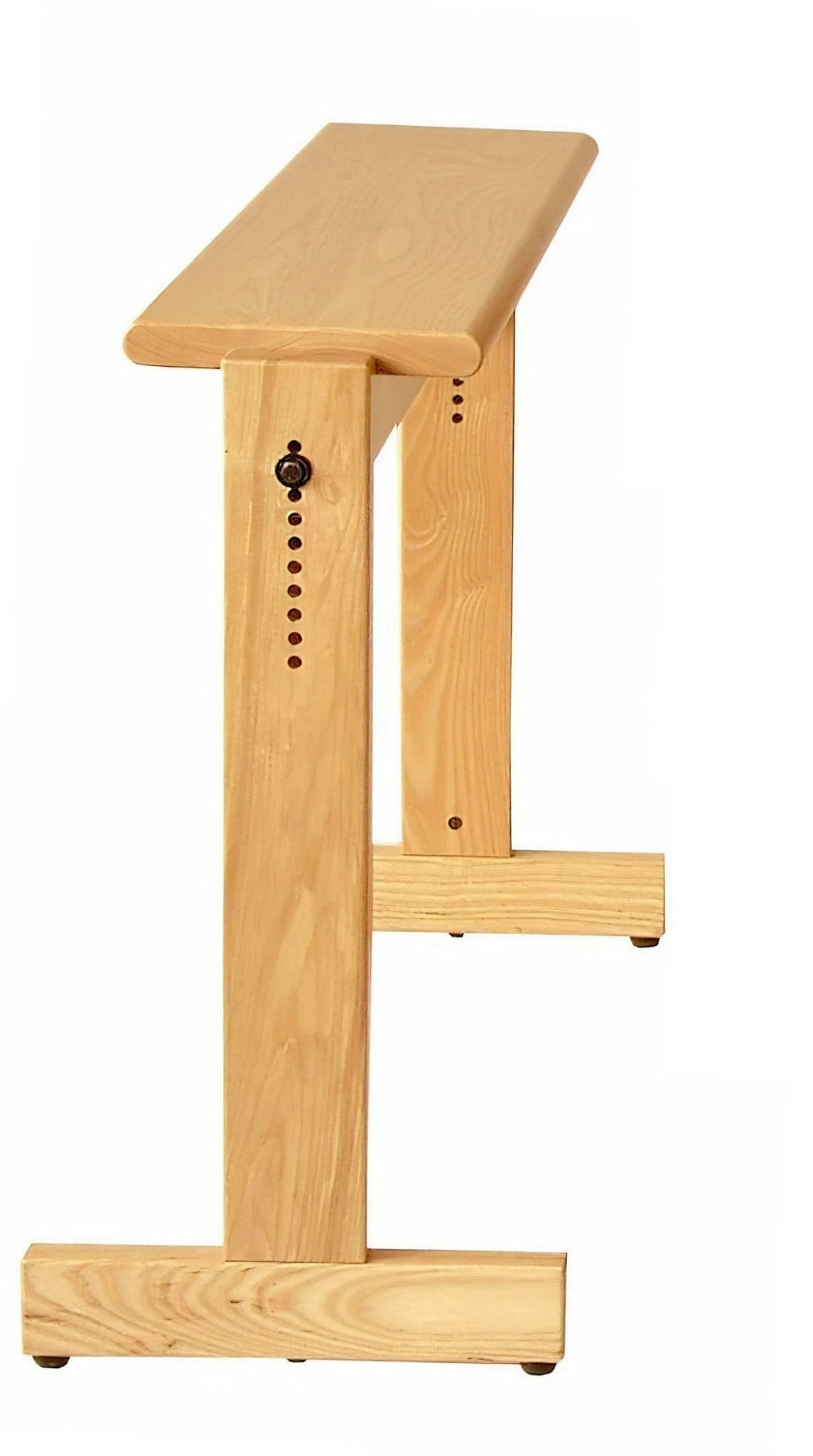The Louët Loom Bench by Louet Inc. is a wooden, adjustable-height kneeling bench with a simple design, smooth edges, and a light natural finish. Its sturdy legs feature multiple holes for height adjustment, providing support for kneeling or meditation.