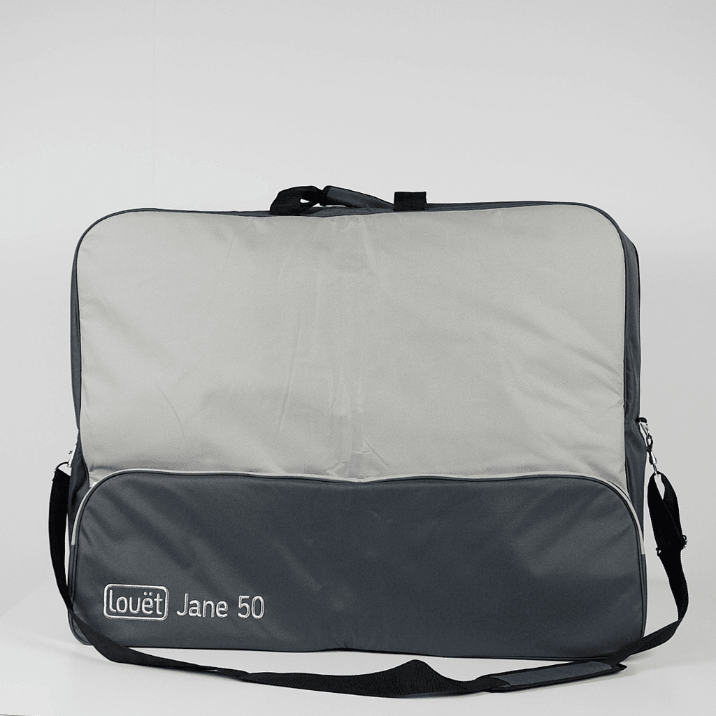 A spacious, rectangular gray Zippered Carrying Bag for Jane Table Loom by Louët (Louet Inc.) features a black shoulder strap, zipper closure, and branded corner print—ideal for transporting your Jane Table Loom anywhere.