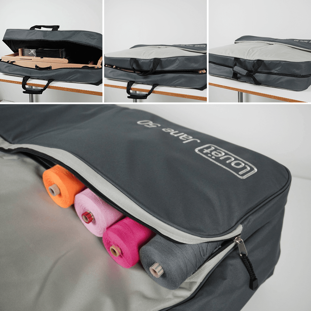 The Zippered Carrying Bag for Jane Table Loom by Louët, shown open with a wooden loom and unzipped to reveal colorful yarn, is perfect for conveniently storing your Jane Table Loom. Features the Louet Jane 20 logo in black and gray.