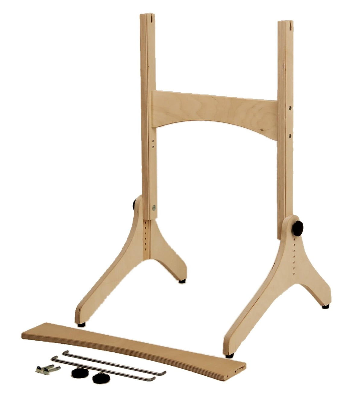 The Louët Table Loom Floor Stands by Louet Inc. are crafted from solid beech hardwood, featuring a central support and two legs. They include extra wooden pieces, metal screws, black knobs, an Allen key, and a small metal tool for simple assembly.