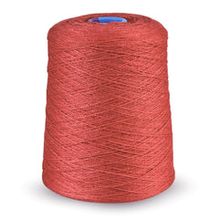 A large cone of Revolution Fibers Zephira Wool-Silk 2/18 Yarn in red stands upright on a white background, with the thread wound tightly around its cone-shaped form.