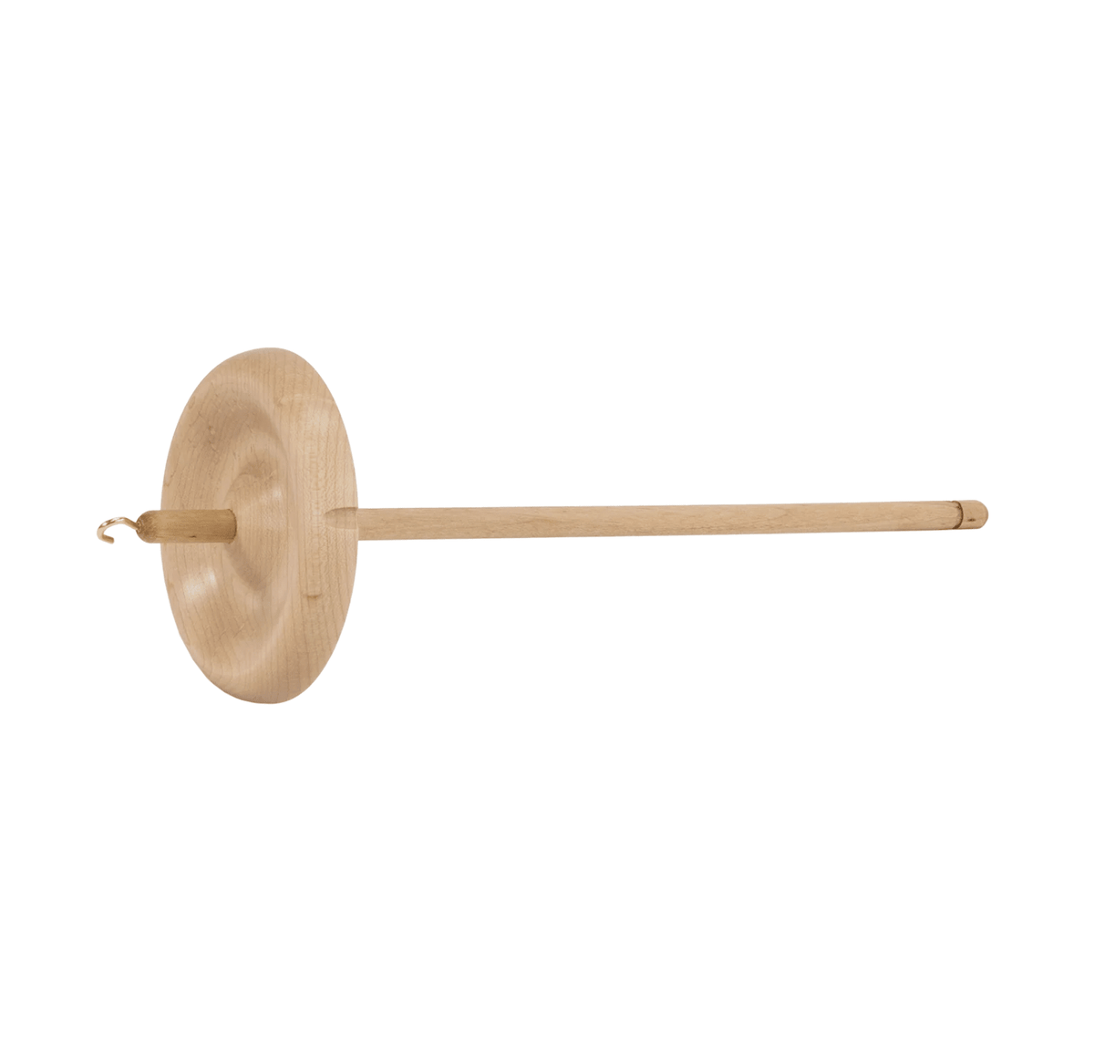 The Schacht Hi-Lo Drop Spindle by Schacht Spindle Co. features a wooden round whorl, long shaft, and small metal hook for spinning fiber into yarn. Shown photographed on a white background.