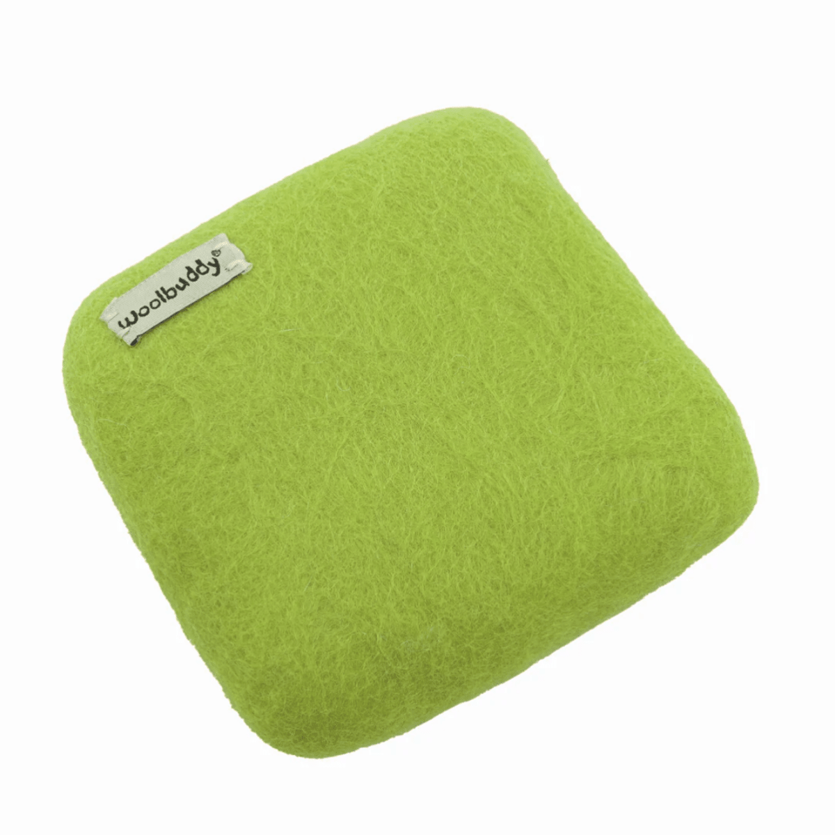 The Woolbuddy Felting Mat, Small, is a square, bright green 100% wool cushion with rounded edges and a Woolbuddy tag on one corner—ideal for wool felting. Shown on a plain white background.