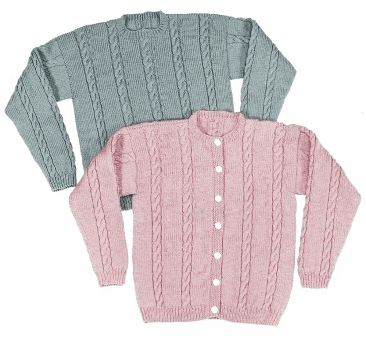 The Adult Cable Cardigan Sweater #25 by Yankee Knitter Designs features a light pink cabled cardigan pattern with a round neck, white buttons, and long sleeves, knitted in worsted weight yarn.