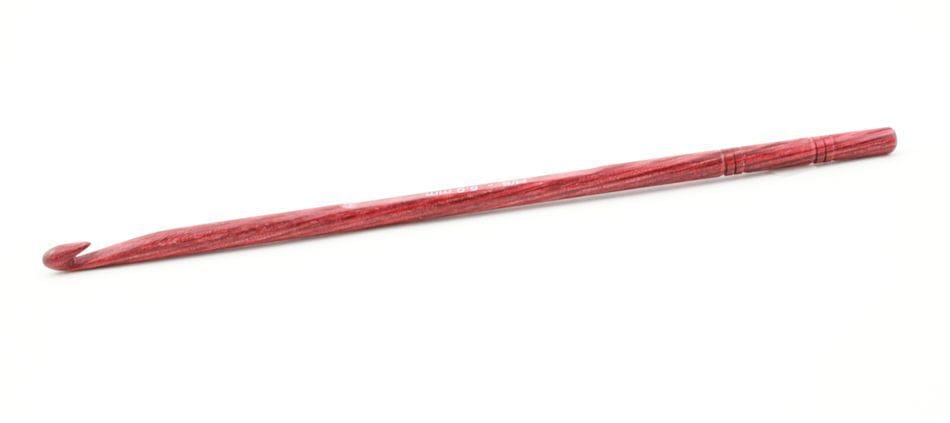 The Accessories Unlimited Knit Pro Dreamz Wooden Crochet Hook features a smooth red polished finish, rounded handle, and hooked end, displayed horizontally on a white background.