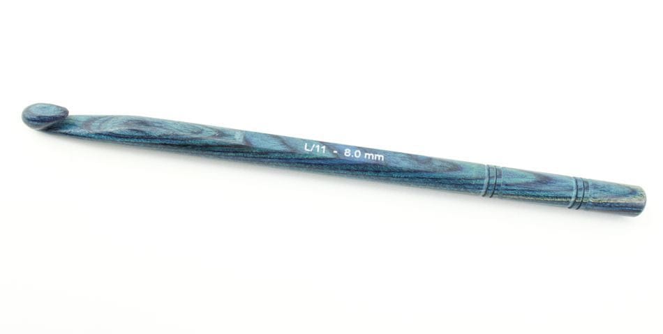 The Accessories Unlimited Knit Pro (Knitters Pride) Dreamz Wooden Crochet Hook, size L/11 - 8.0 mm, in blue, is displayed on a white background.