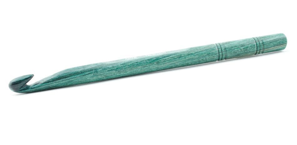 The Accessories Unlimited Knit Pro (Knitters Pride) Dreamz Wooden Crochet Hook, in green with a smooth finish and tapered hooked tip, is displayed on a white background.