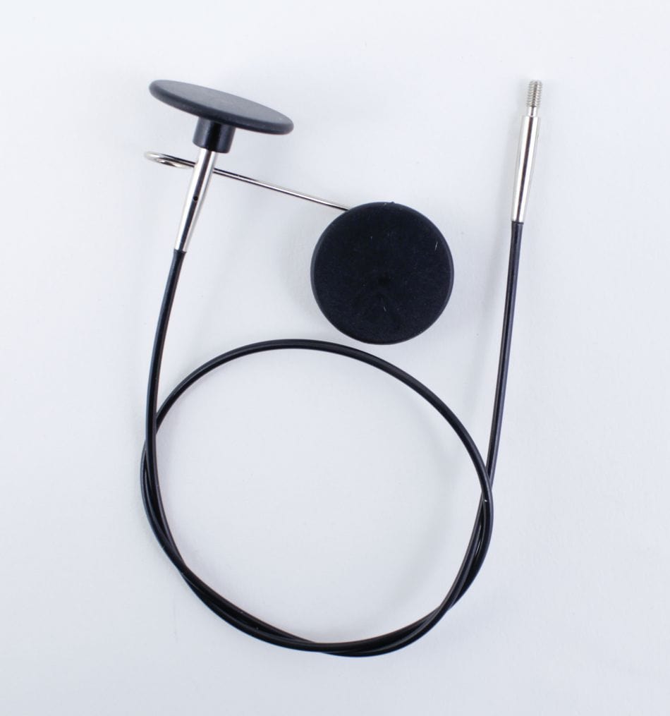 A black cable with a round black sensor and a thin metal probe on a white background resembles the stylish design of the Accessories Unlimited Knit Pro (Knitters Pride) Interchangeable Circular Needle Cord for Dreamz and Nova.