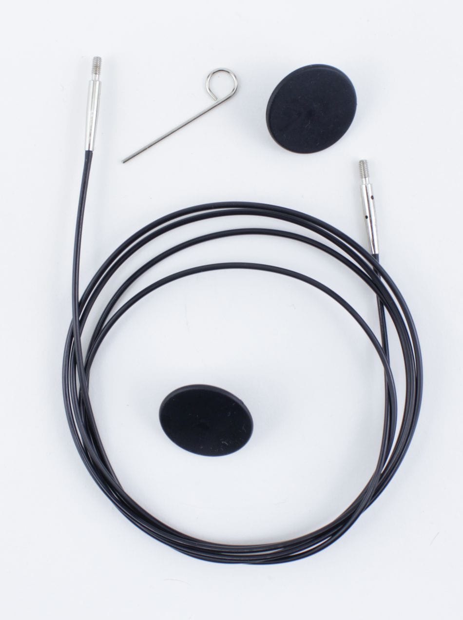 A black replacement drawstring with metal tips, two round ends, and a silver clasp pin are shown on a white background—ideal for organizing Accessories Unlimited’s Knit Pro Interchangeable Circular Needle Cord for Dreamz and Nova.