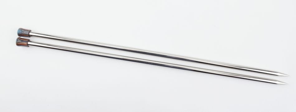 A pair of Knit Pro Nova Metal Single Point Knitting Needles by Accessories Unlimited, 10" or 14", with pointed tips and decorative caps, are shown parallel on a white background.