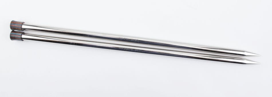 A pair of Accessories Unlimited Knit Pro (Knitters Pride) Nova Metal Single Point Knitting Needles, 10" or 14", with rounded ends, lies side by side on a white background.