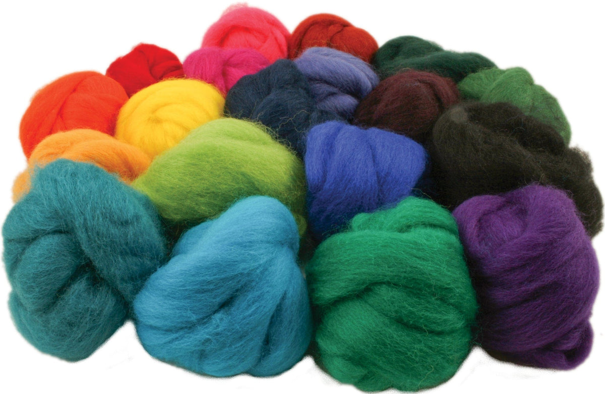 The Ashford Handicrafts Corriedale Fiber Bag features vibrant NZ wool in red, yellow, orange, pink, purple, green, blue, and black—perfect for needle felting or spinning with high-quality Ashford wool.