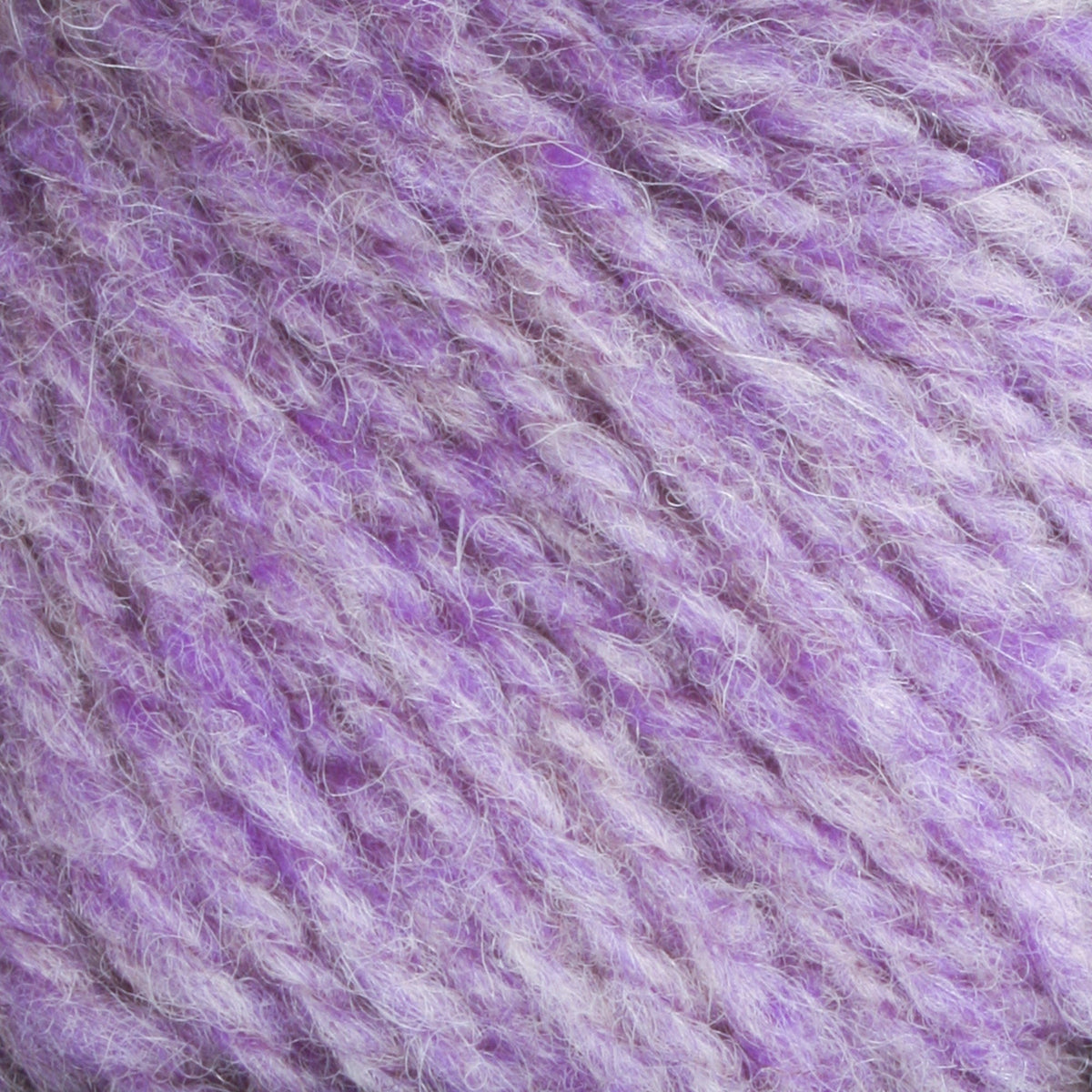 Close-up of Bartlettyarns Maine Wool Yarn (Fisherman 2-Ply) by Bartlettyarns in light and medium purple showcases thick, soft worsted strands twisted together for a cozy, fluffy texture.