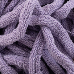 Close-up of intertwined strands of Harrisville Potholder Loops by Friendly Loom, in a soft, knitted lavender hue creating a textured pattern reminiscent of a traditional loom. The thick and cozy material suggests it could be used for warm clothing or blankets.