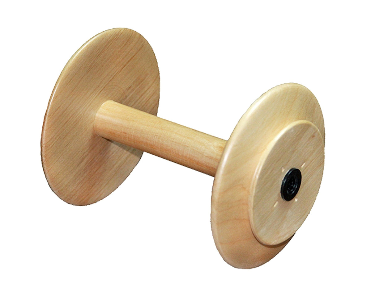A Kromski North America Spinning Wheel Bobbin, featuring two round flat ends and a cylindrical center like a jumbo bobbin, is shown against a white background.