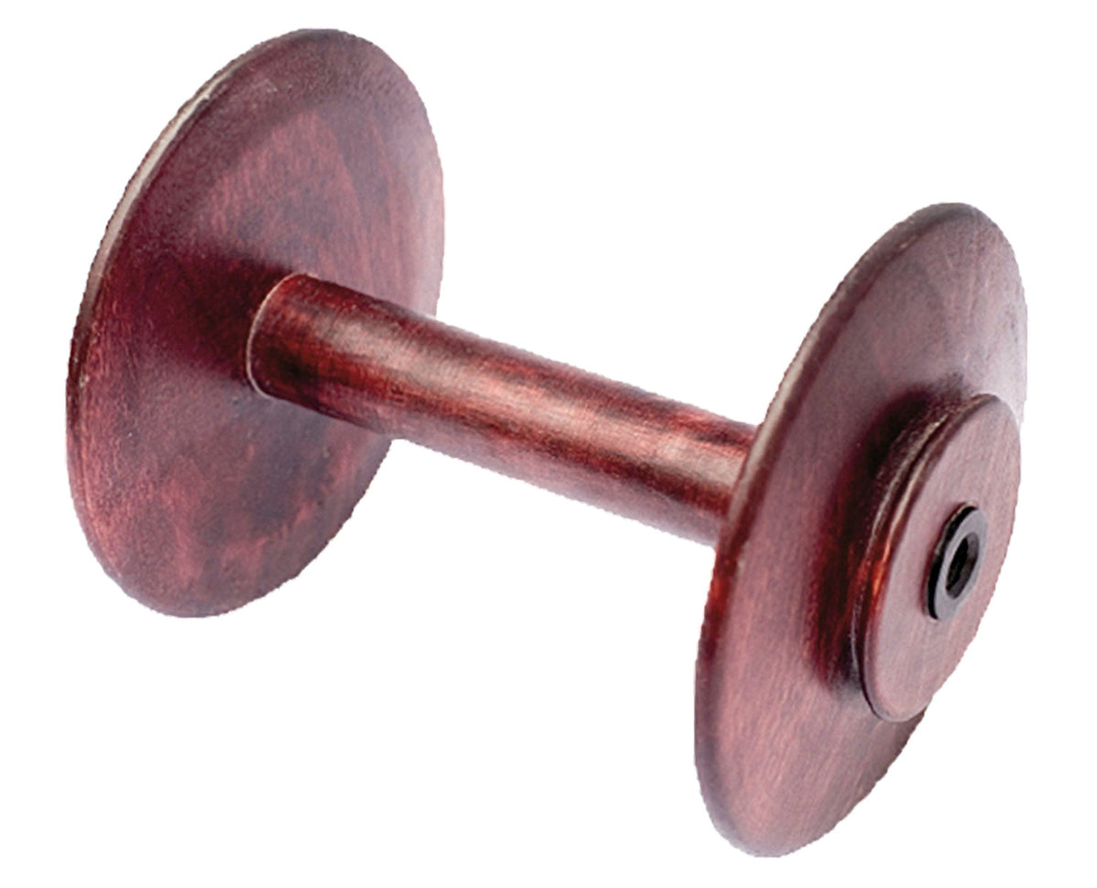 A Kromski Spinning Wheel Bobbin by Kromski North America, featuring two flat circular ends and a cylindrical center, finished in a reddish-brown stain and shown isolated on a white background.