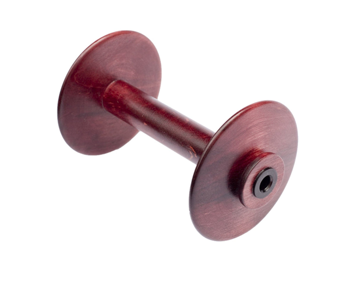The Kromski Spinning Wheel Bobbin from Kromski North America features a dark reddish-brown wooden finish, two circular ends, and a cylindrical center. Isolated on white, it is compatible with Kromski wheel jumbo bobbins.