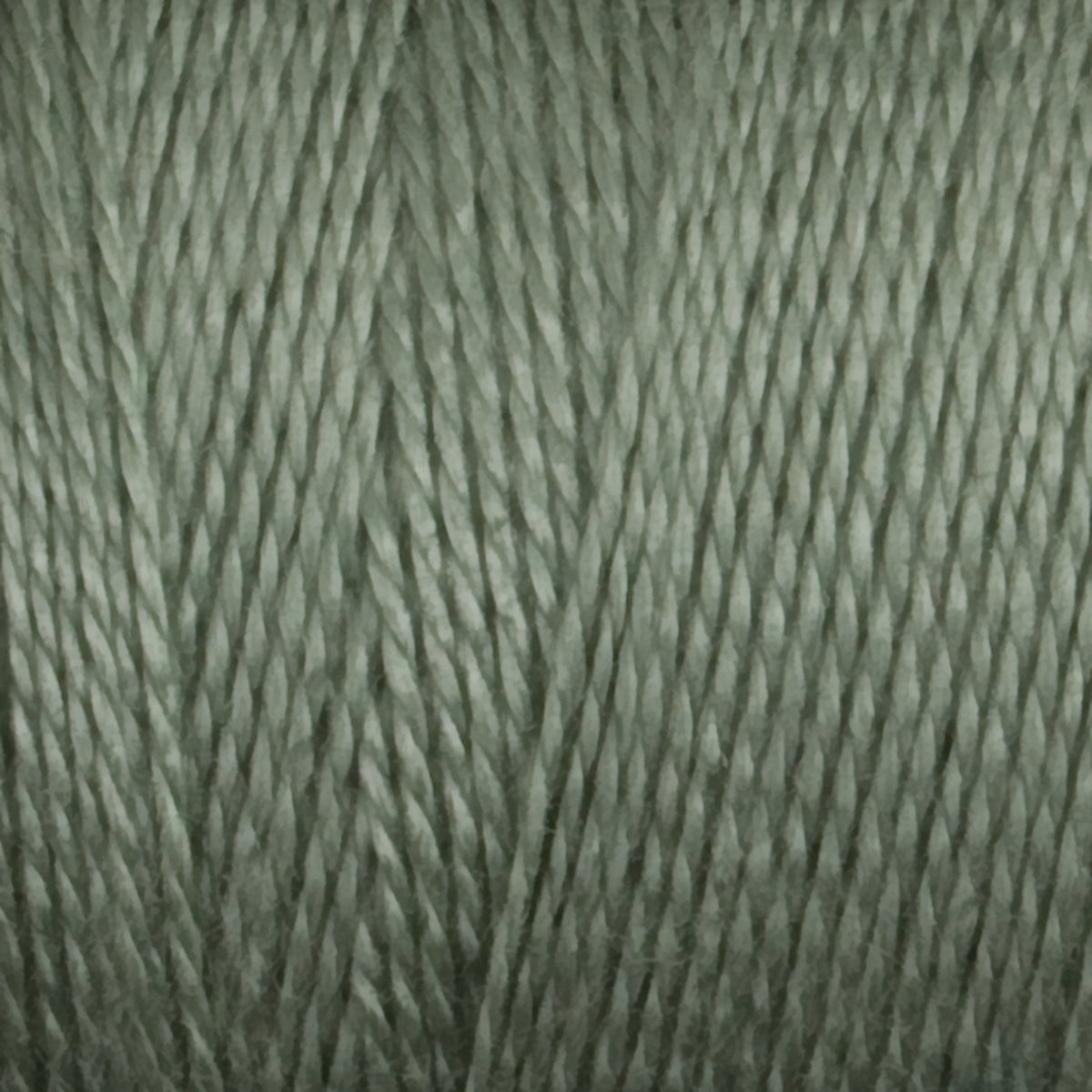 Close-up of sage green 8/2 Tencel Yarn | Mini-cone by Maurice Brassard, featuring tightly twisted fibers and a soft, smooth texture—ideal for weaving projects.