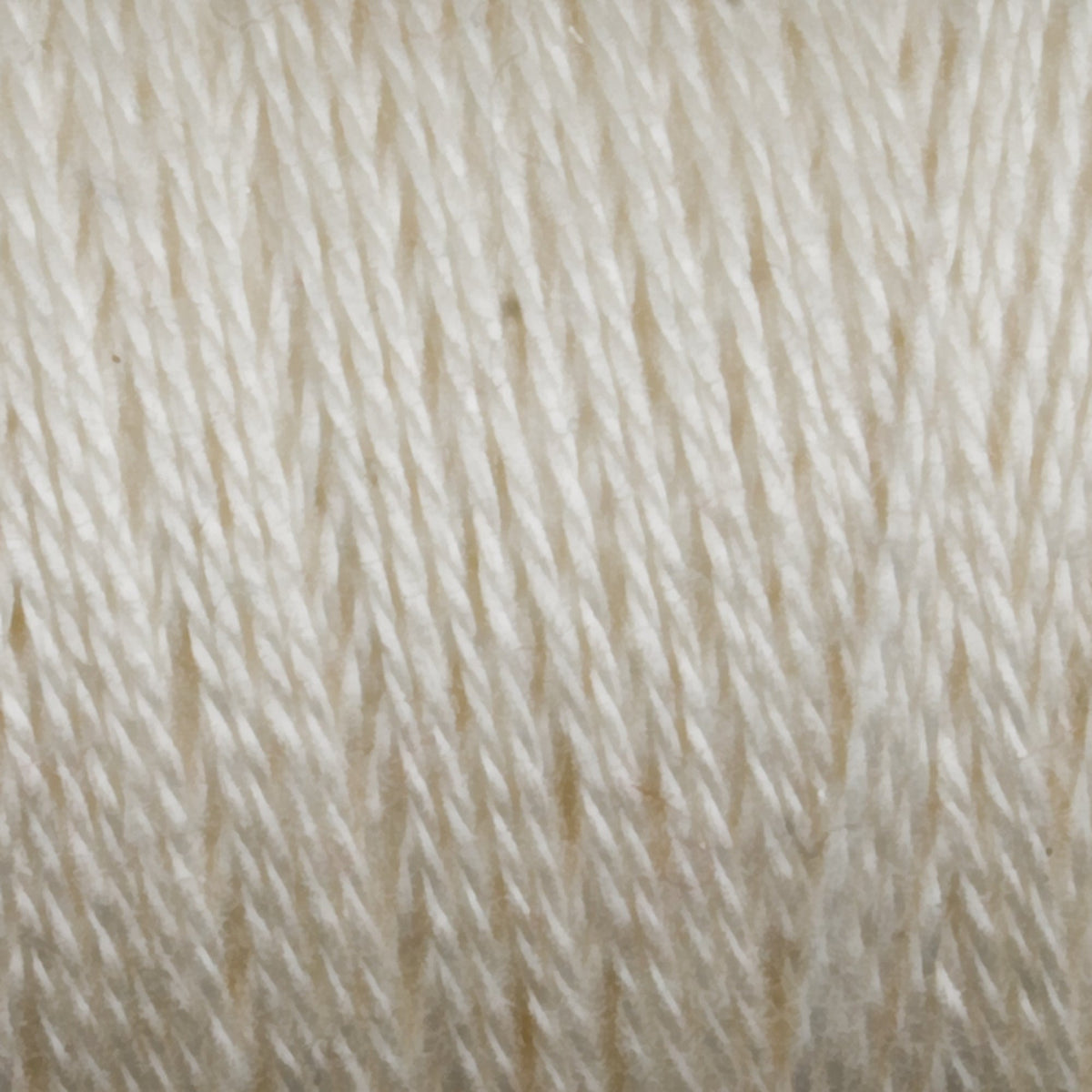 Close-up of tightly wound, off-white 8/2 Tencel Yarn by Maurice Brassard on a mini-cone, showing visible twisted strands for a textured, slightly shiny look—ideal for weaving projects requiring natural beauty and strength.